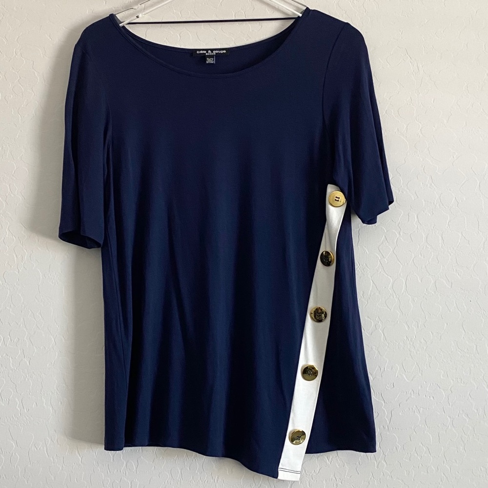 Cable & Gauge Navy Blue Top w/ Gold Petite Large
